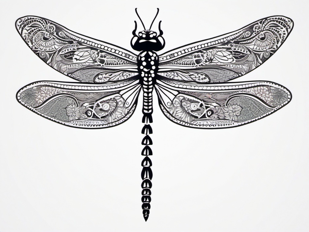 Dragon Fly Henna - Henna-style temporary tattoo featuring a dragonfly design.  simple color tattoo,minimalist,white background