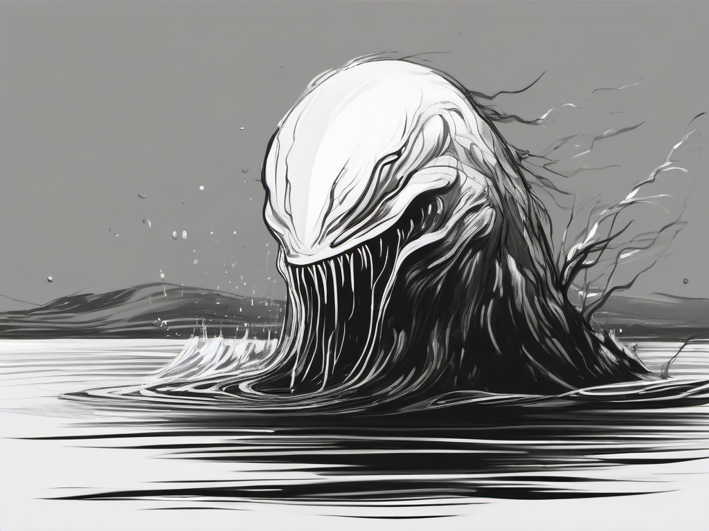 drawing of a monster emerging from the water  minimal rough sketch scribbles,doodles,black and white