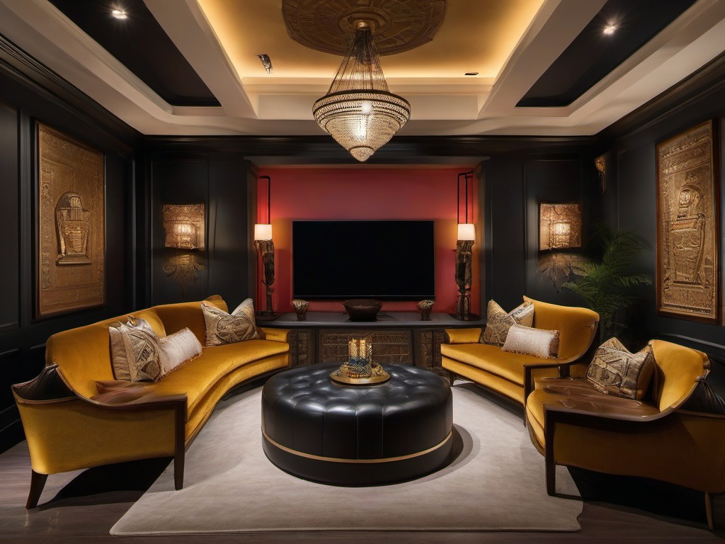 A media room designed with Egyptian Revival interior design features plush seating, thematic decor, and vibrant colors that enhance the cinematic experience with a historical twist.  