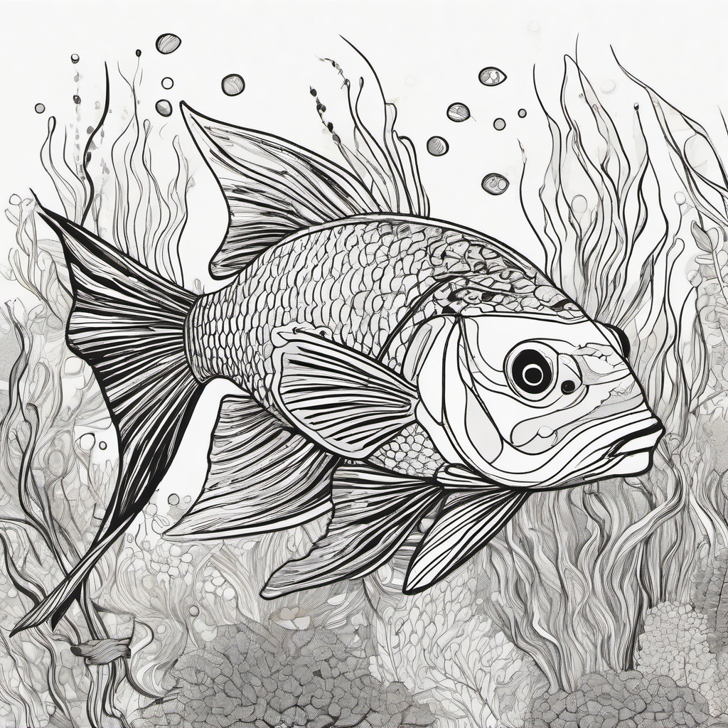 drawing of a colorful fish in a reef  minimal rough sketch scribbles,doodles,black and white