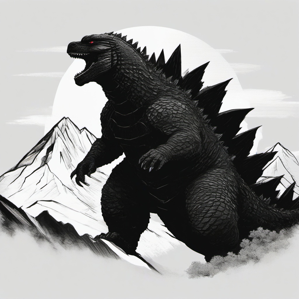 drawing of Godzilla on a mountain  minimal rough sketch scribbles,doodles,black and white