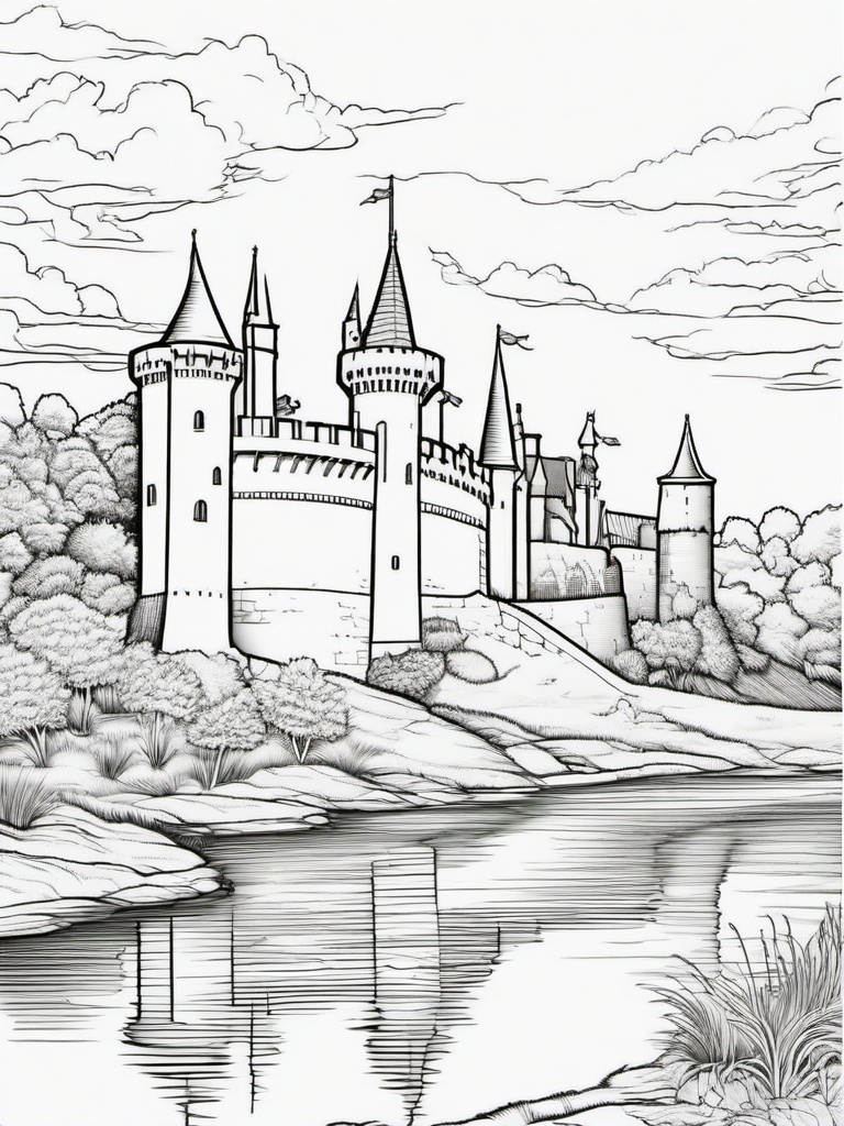 House Coloring Pages - Medieval castle with knights and a moat  simple coloring pages