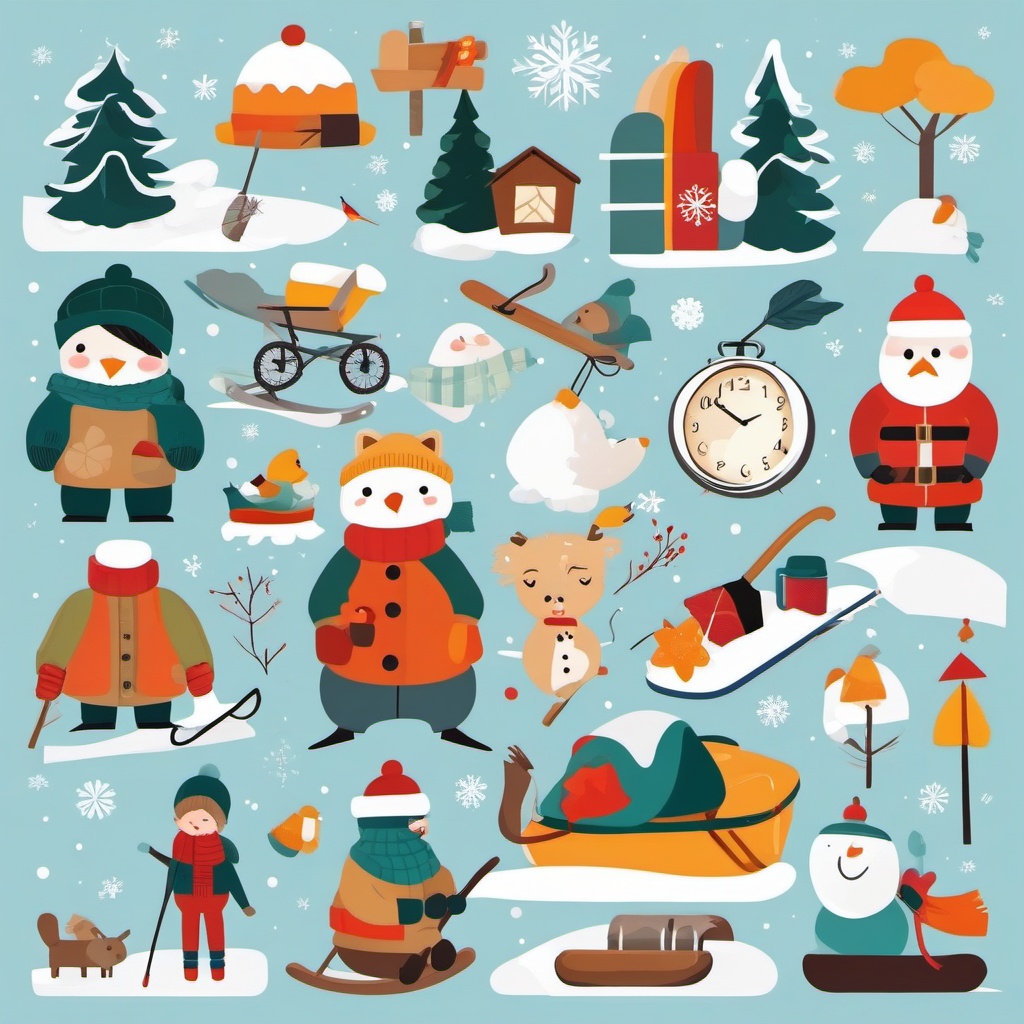 Winter Time Activities clipart - Collage of winter activities, ,vector color clipart,minimal