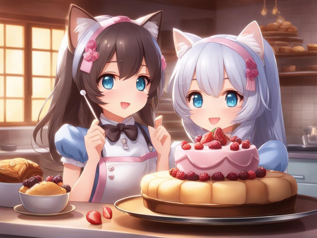 nekopara,chocola and vanilla,baking delectable pastries with their unique feline flair,a cozy patisserie kitchen hyperrealistic, intricately detailed, color depth,splash art, concept art, mid shot, sharp focus, dramatic, 2/3 face angle, side light, colorful background