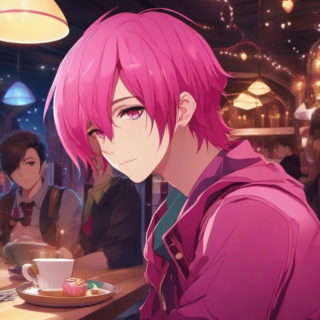 Boy with magenta long hair in a magical cafe with quirky companions.  close shot of face, face front facing, profile picture, anime style