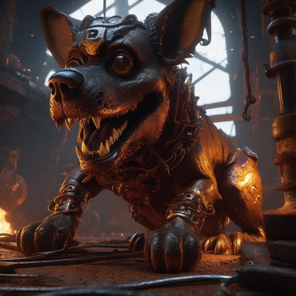 Rust Monster Pup Chomping on Metal with a Blacksmith detailed matte painting, deep color, fantastical, intricate detail, splash screen, complementary colors, fantasy concept art, 8k resolution trending on artstation unreal engine 5