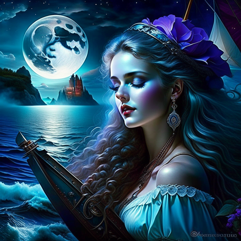 siren bard, melodia serenashore, enchanting sailors with her haunting melodies on a moonlit sea voyage. 