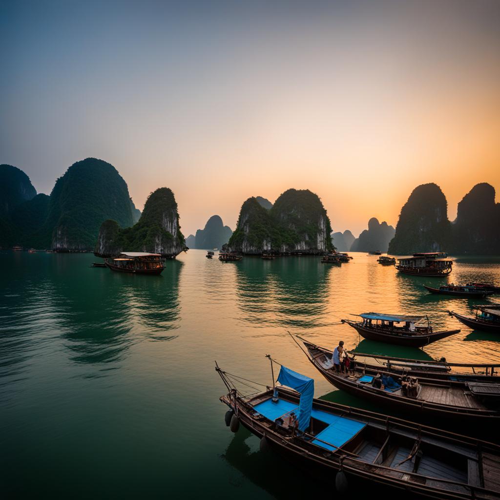 halong bay, vietnam - imagine the iconic limestone karsts of halong bay, lit by the soft glow of fishing boats and floating villages. 