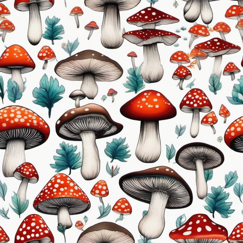 mushroom forest tattoo  simple color tattoo,white background