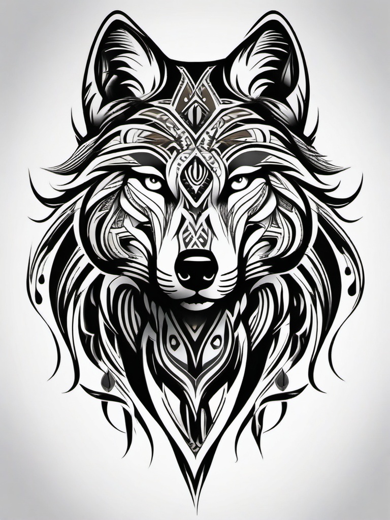 Tribal Wolf Tattoo,intricate tribal patterns embracing the power and mystique of the wolf, symbol of unity and strength. , tattoo design, white clean background