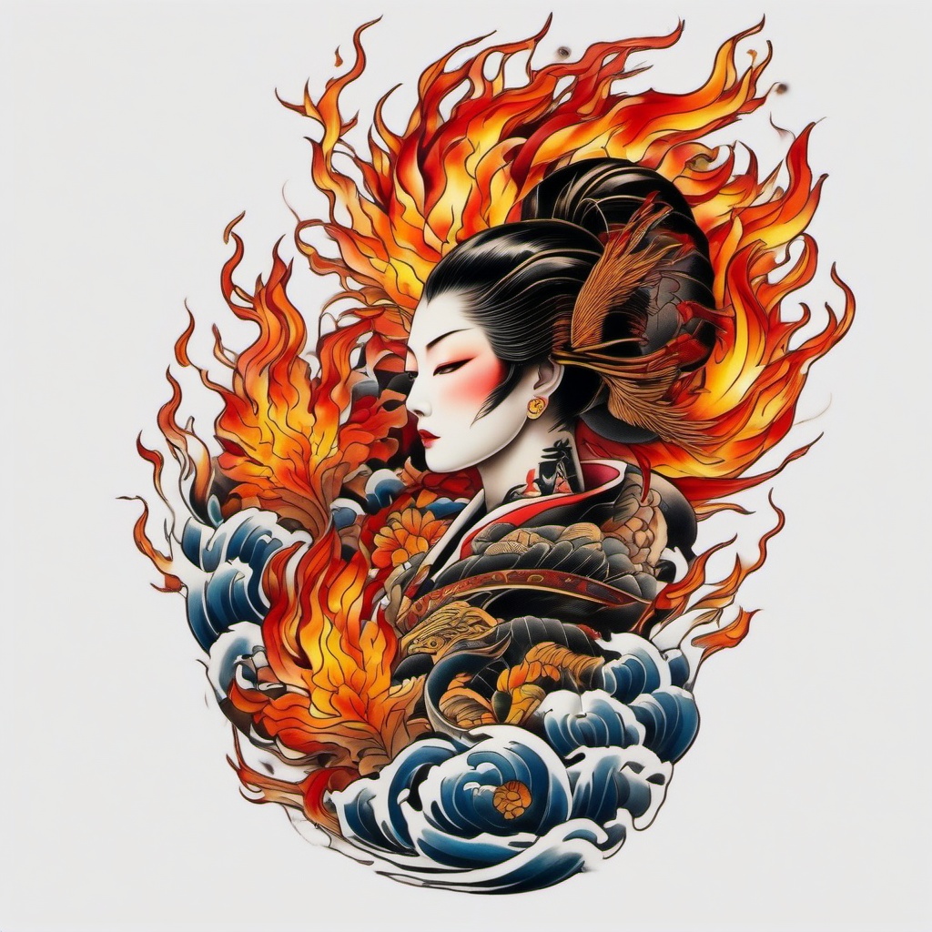 japanese tattoo fire  simple color tattoo,white background