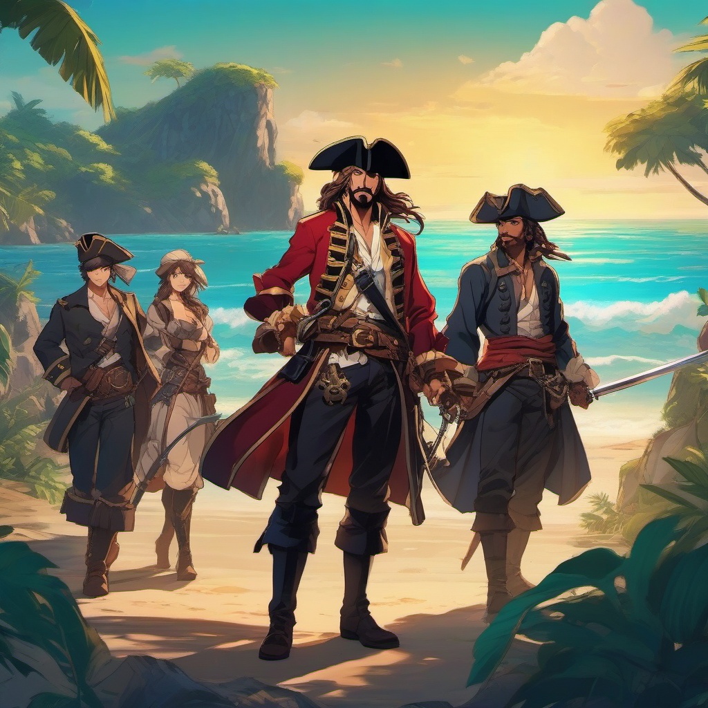 Bold anime pirate captain and first mate, wielding gleaming cutlasses, leading a fearless crew on a treasure hunt on a secluded island, as a matching pfp for friends. wide shot, cool anime color style