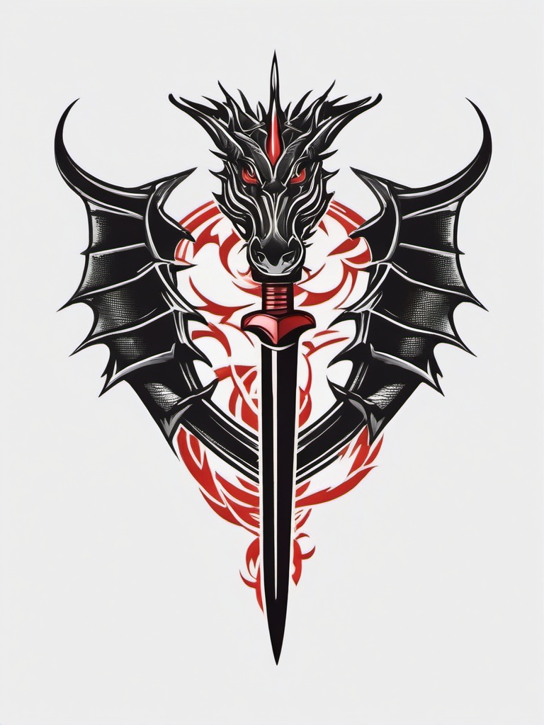 Dagger Dragon Tattoo - Tattoo featuring a dragon intertwined with a dagger.  simple color tattoo,minimalist,white background