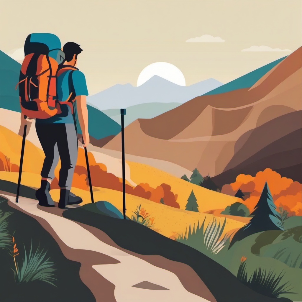 Backpacker on a Mountain Trail Clipart - A backpacker hiking on a mountain path.  color vector clipart, minimal style