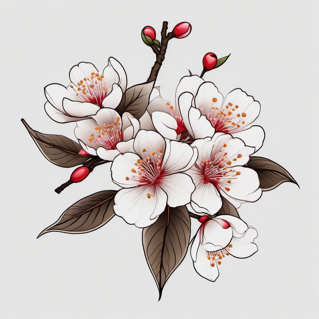 Traditional Japanese Cherry Blossom Tattoo - Rooted in tradition, featuring elegant and symbolic cherry blossoms in traditional Japanese tattoo art.  simple color tattoo,white background,minimal