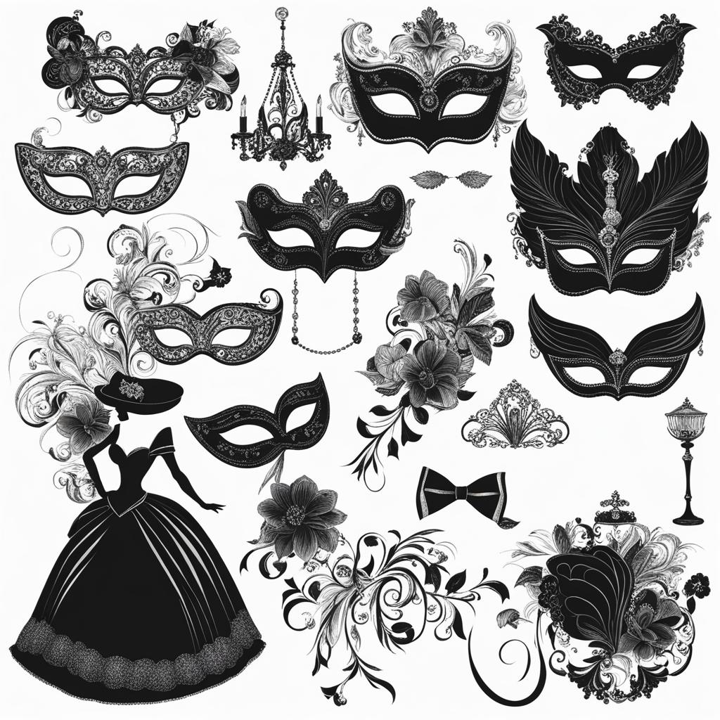 clip art black and white - vintage clip art pieces staging a lively black and white masquerade ball 