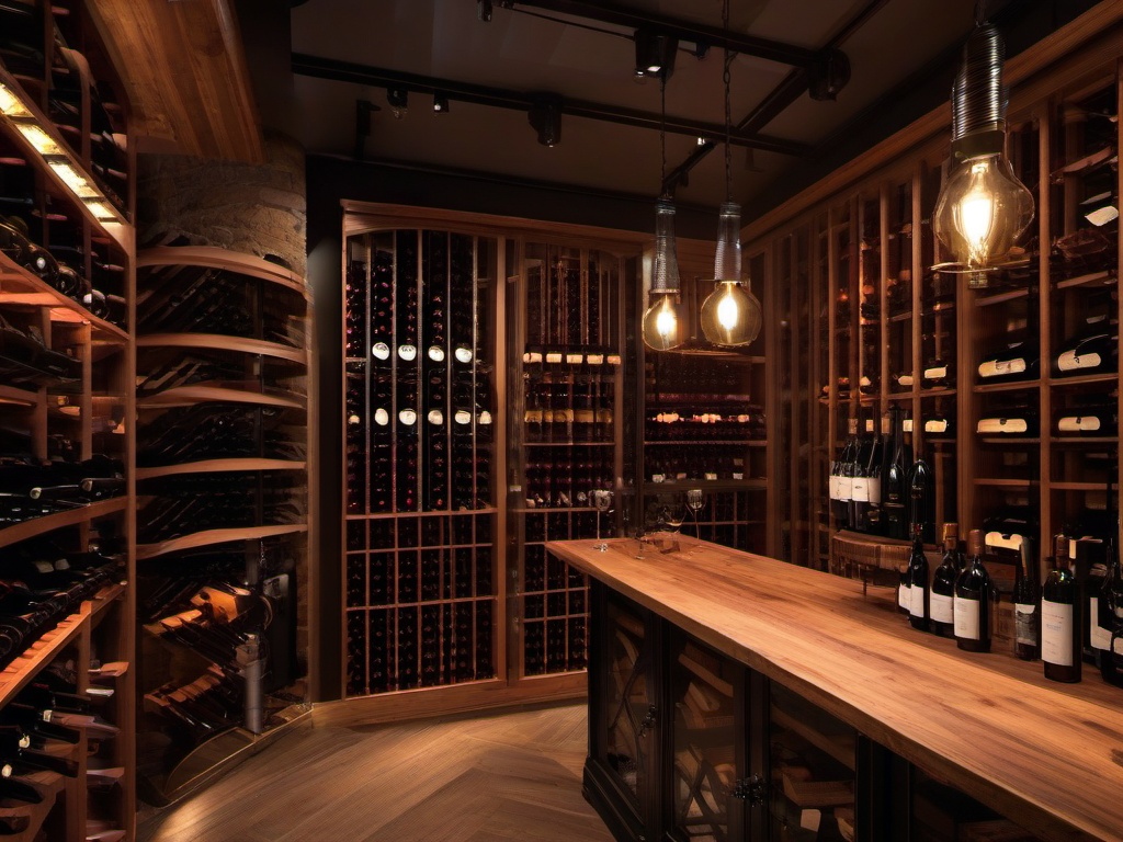 In the wine cellar, steampunk interior design features vintage wine racks, industrial shelving, and ambient lighting that create a cozy atmosphere for wine enthusiasts.  