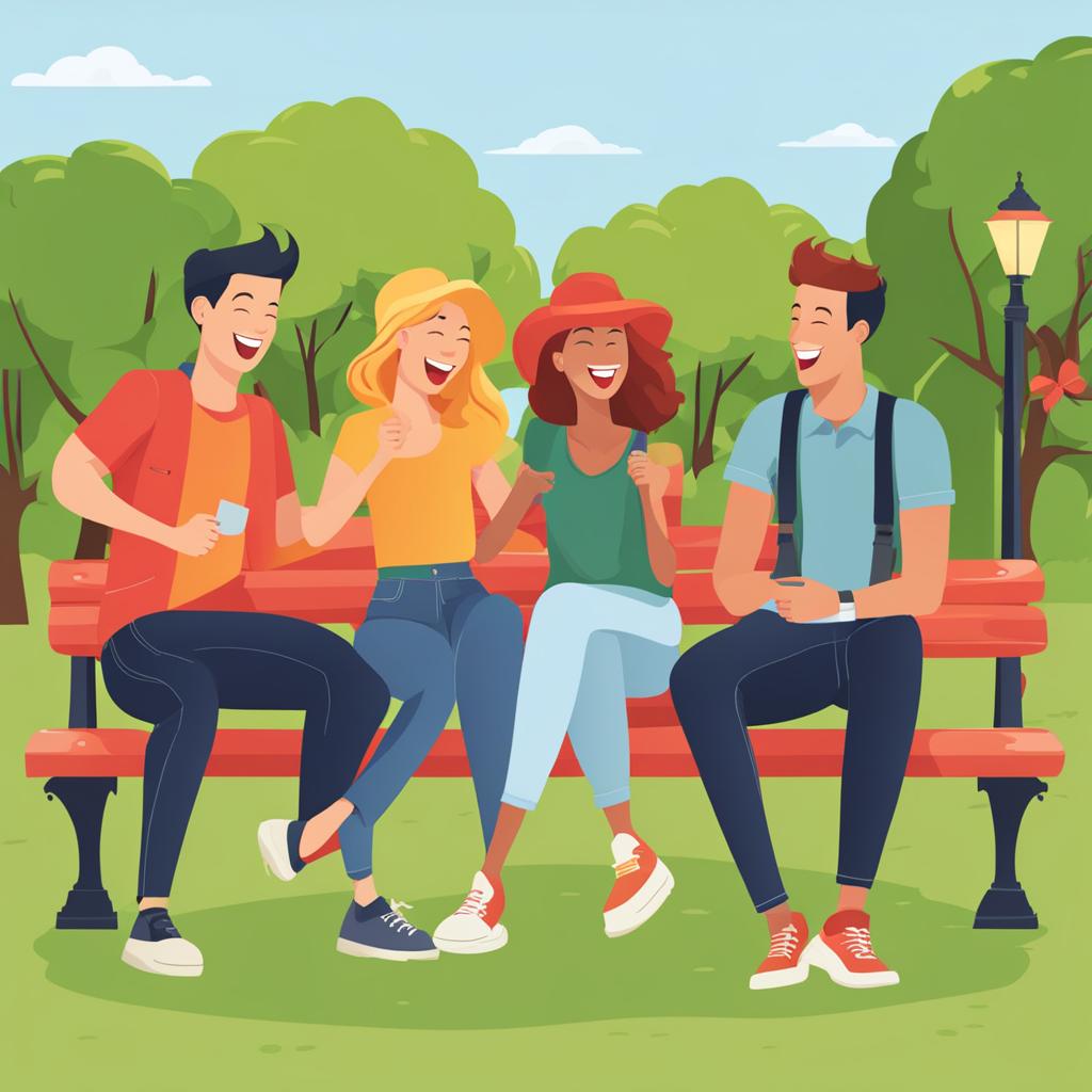 friends clipart: laughing together in a lively park. 