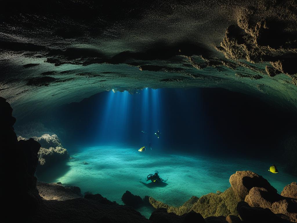 underwater cave, exploring an underwater cave with crystal-clear waters and bioluminescent creatures. 