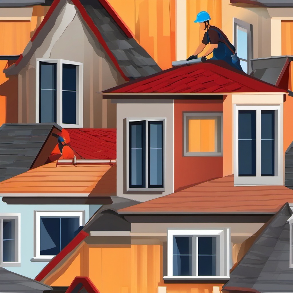 Roofing clipart - Workers installing roofing materials on a building., ,vector color clipart,minimal