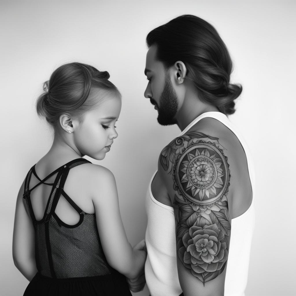 father daughter tattoos black and white design 