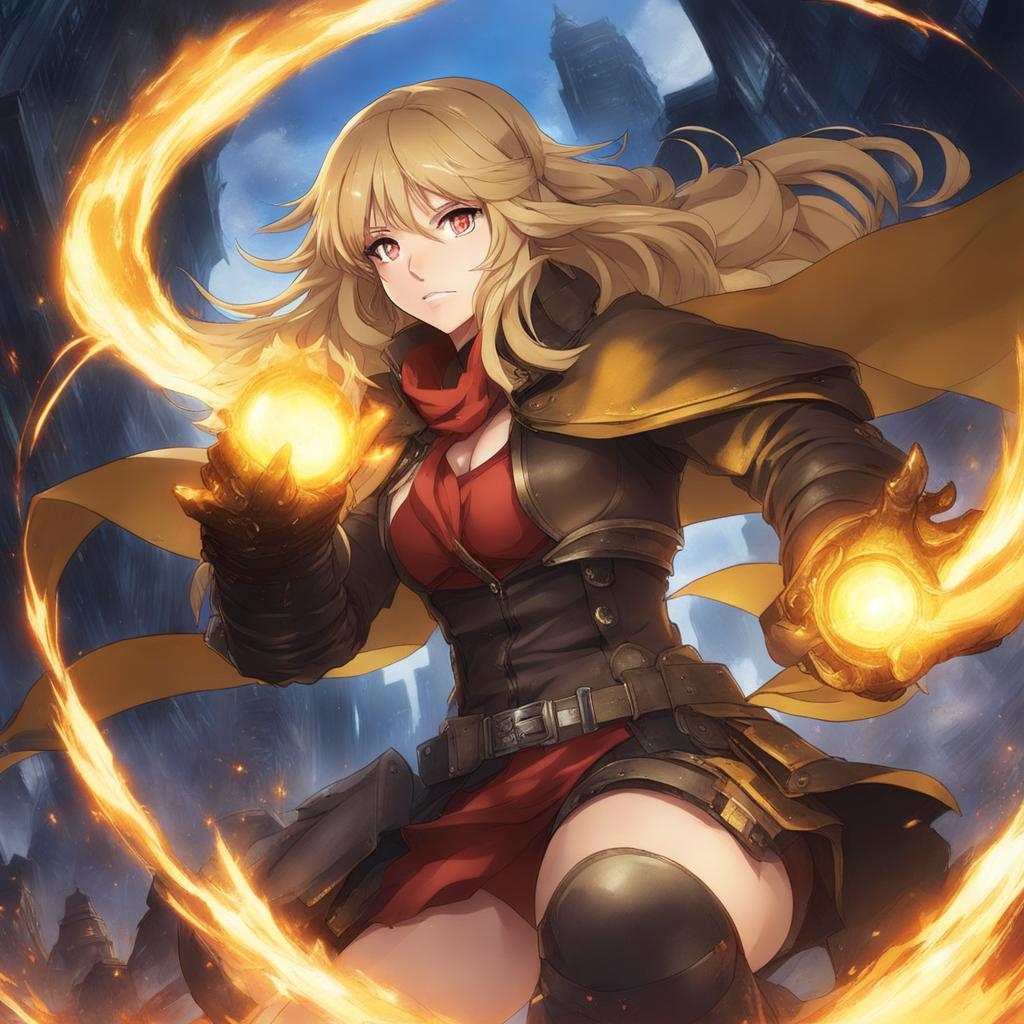 yang xiao long,unleashing her ember celica gauntlets against grimm creatures,a post-apocalyptic wasteland anime, anime key visual, japanese manga, pixiv, zerochan, anime art, fantia