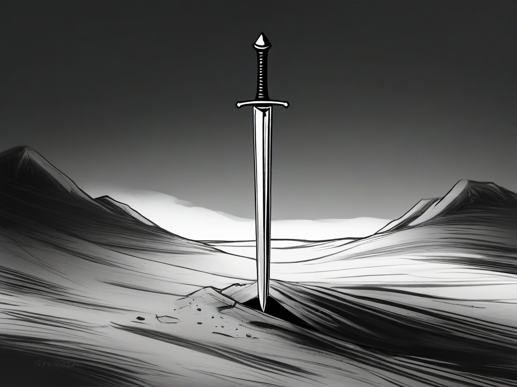 drawing of a sword in the ground  minimal rough sketch scribbles,doodles,black and white