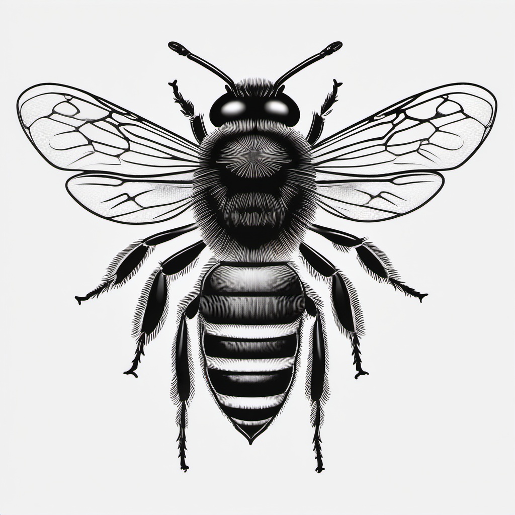 Honey Bee Tattoo Black and White - Opt for a timeless and classic look with a black and white honey bee tattoo, emphasizing the insect's natural elegance.  simple tattoo,minimalist,white background