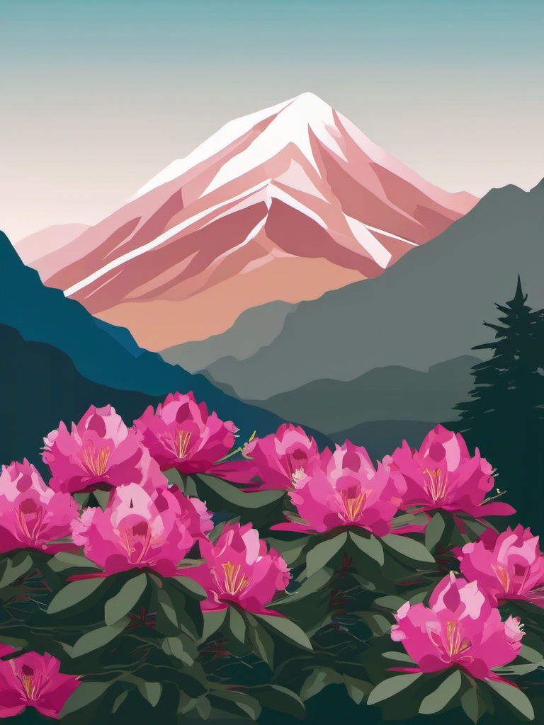 Mountain Rhododendron Clip Art - Rhododendron blooms in a breathtaking mountain setting,  color vector clipart, minimal style