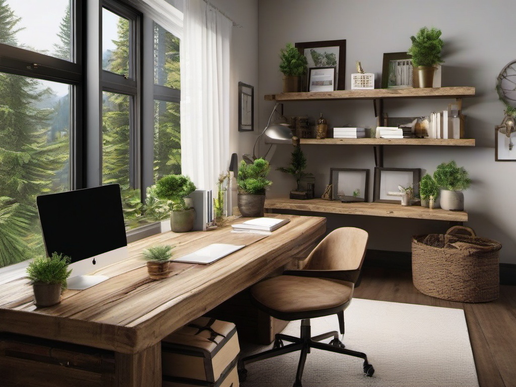 The home office exemplifies rustic interior design, featuring a sturdy wooden desk, comfortable seating, and nature-inspired decor that inspires productivity in a cozy environment.  