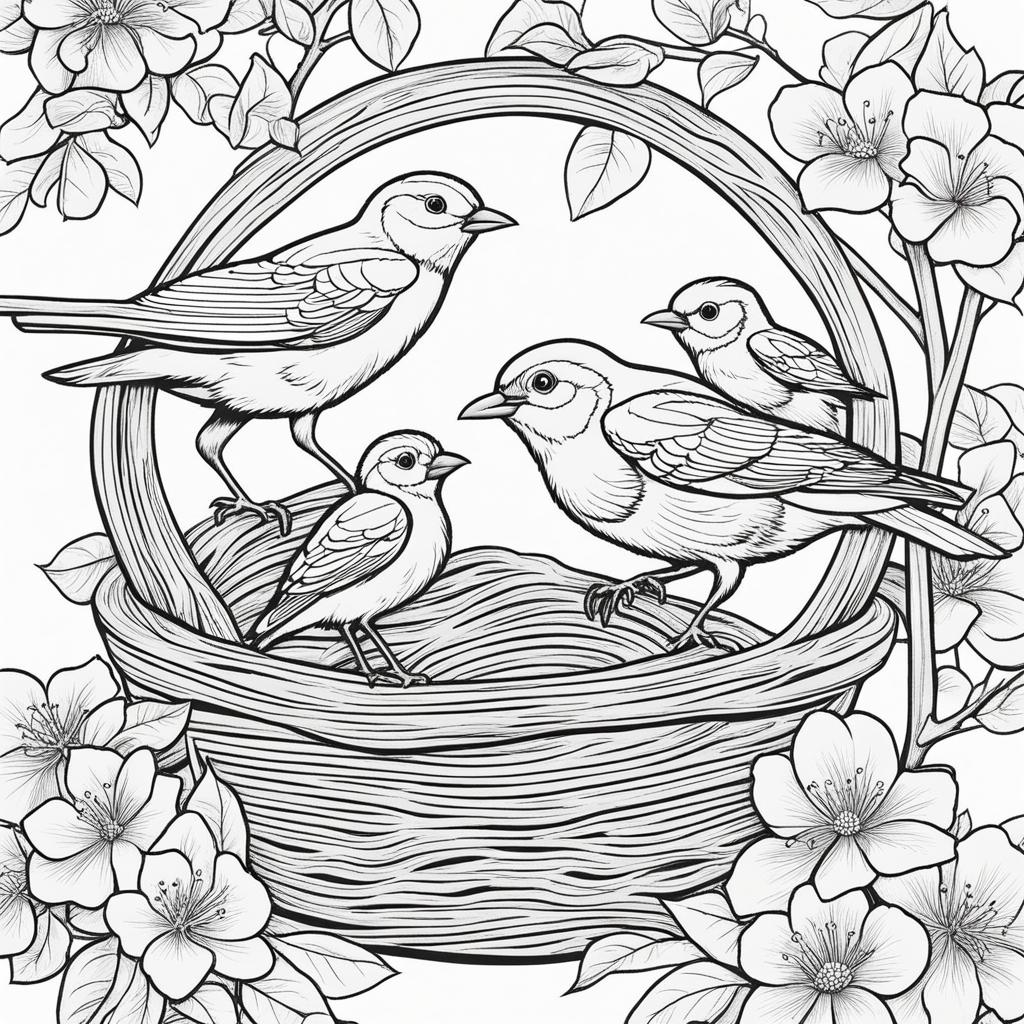 spring coloring pages - a family of birds builds a nest in a blooming tree. 