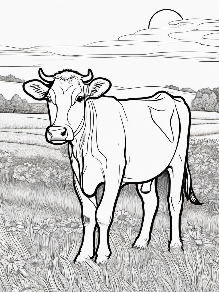 Cow Coloring Pages - Cow standing in front of a colorful sunset  simple coloring pages