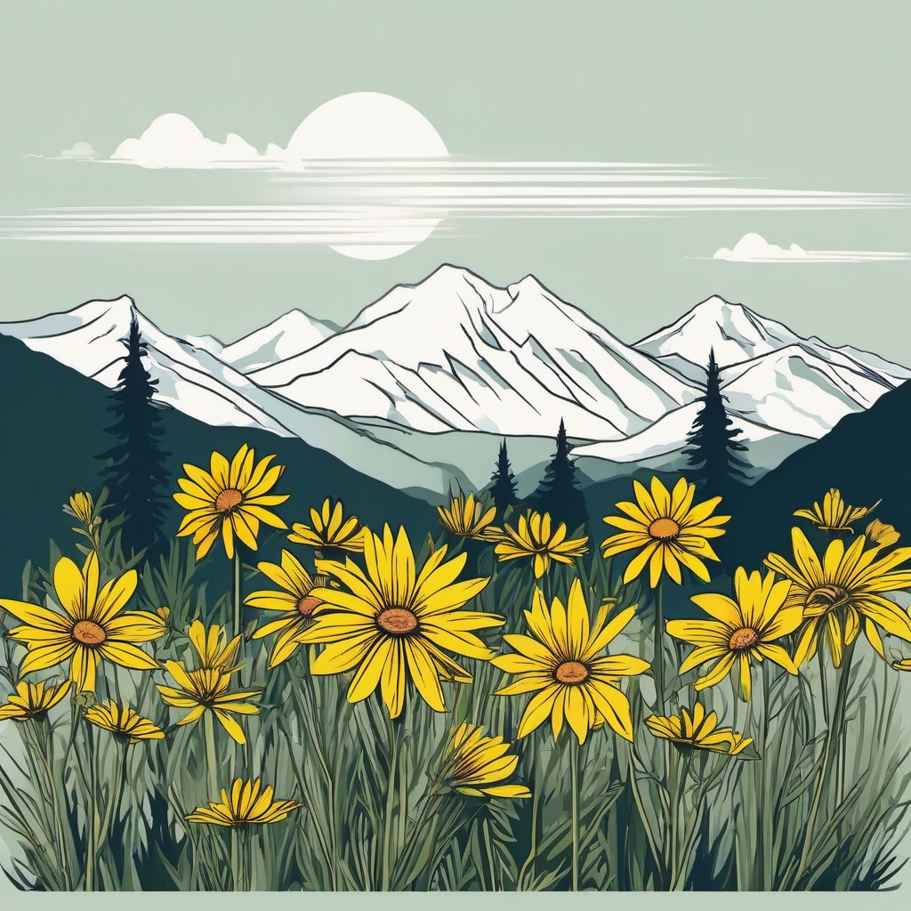 Alpine Arnica Clip Art - Arnica flowers in alpine meadows,  color vector clipart, minimal style