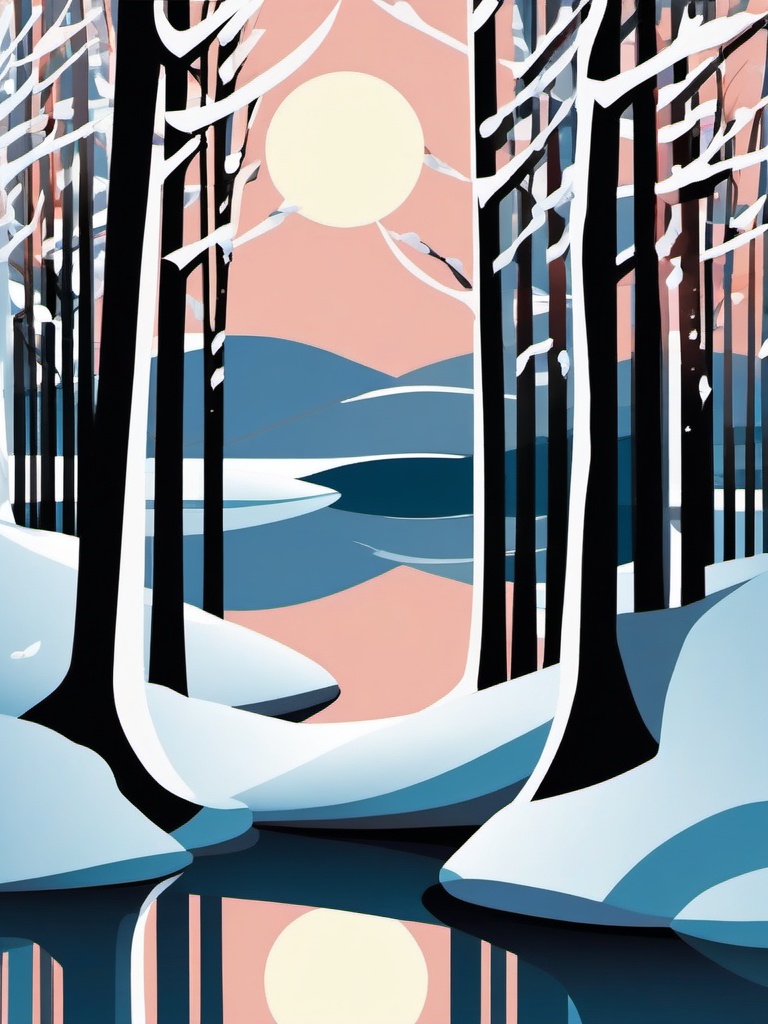 Winter Reflections clipart - Reflective water in a wintry scene, ,vector color clipart,minimal