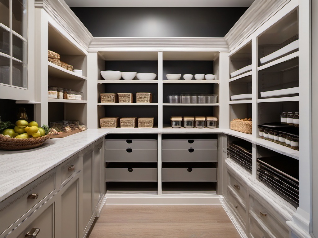 The pantry showcases Regency interior design with stylish cabinetry, tasteful organization, and elegant accents that make food storage both practical and visually appealing.  