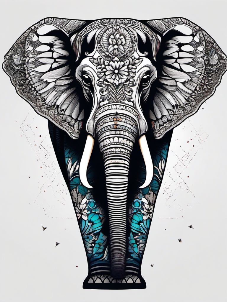 elephant and butterfly tattoo  simple color tattoo, minimal, white background