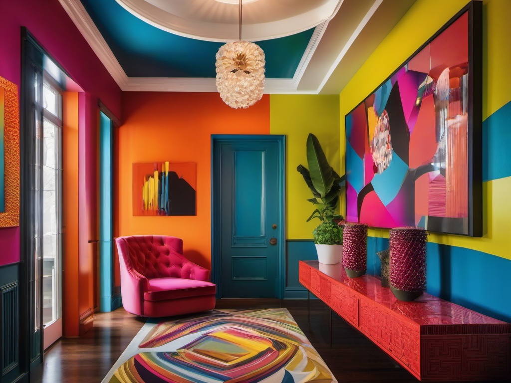 The foyer features Pop Art interior design with striking colors, unique artwork, and a vibrant atmosphere that invites guests into a dynamic and engaging home.  