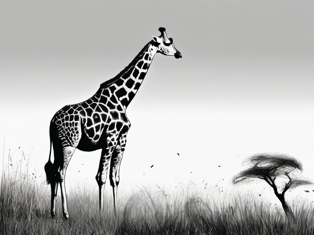 drawing of a giraffe in a savannah  minimal rough sketch scribbles,doodles,black and white