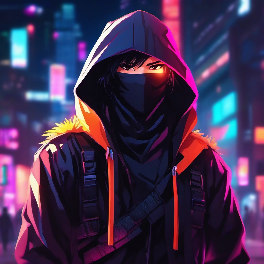 Mysterious ninja assassin, in a neon-lit city, stealthily infiltrating an underground criminal organization.  front facing ,centered portrait shot, cute anime color style, pfp, full face visible