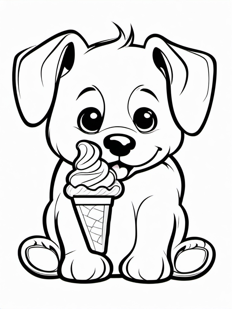 Puppy with Ice Cream Coloring Pages - Adorable Pup Enjoying a Sweet Snack  minimal black outline printable sheet, coloring page