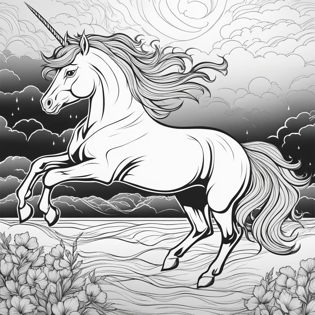 unicorn coloring pages - daring unicorn soaring through the heart of a thunderstorm, lightning illuminating its path. 