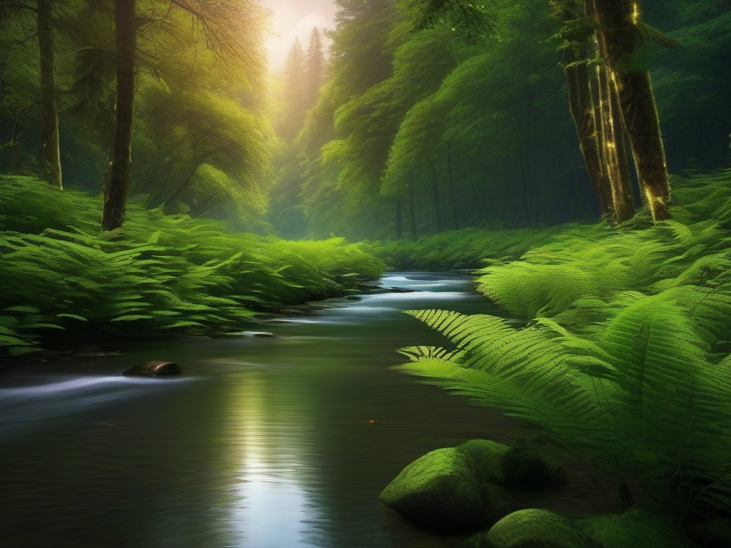 Serene Forest by the River Aesthetic Wallpaper intricate details, patterns, wallpaper photo