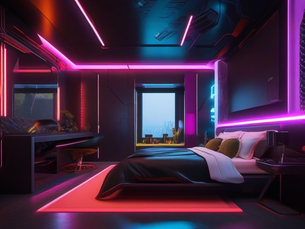 In the guest bedroom, cyberpunk interior design offers a modern atmosphere with bold colors, tech-inspired furniture, and creative accents that make visitors feel like they are in a futuristic escape.  