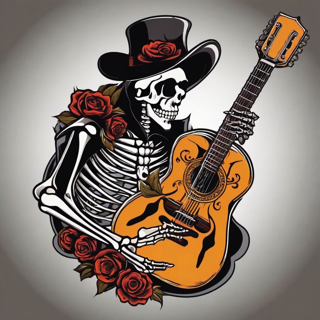 skeleton with guitar tattoo  simple vector color tattoo