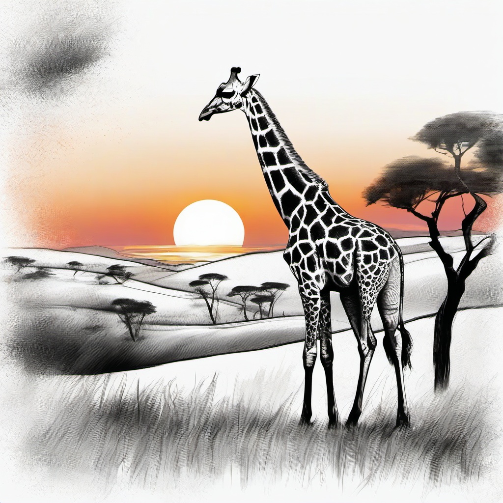 drawing of a giraffe with a sunset  minimal rough sketch scribbles,doodles,black and white