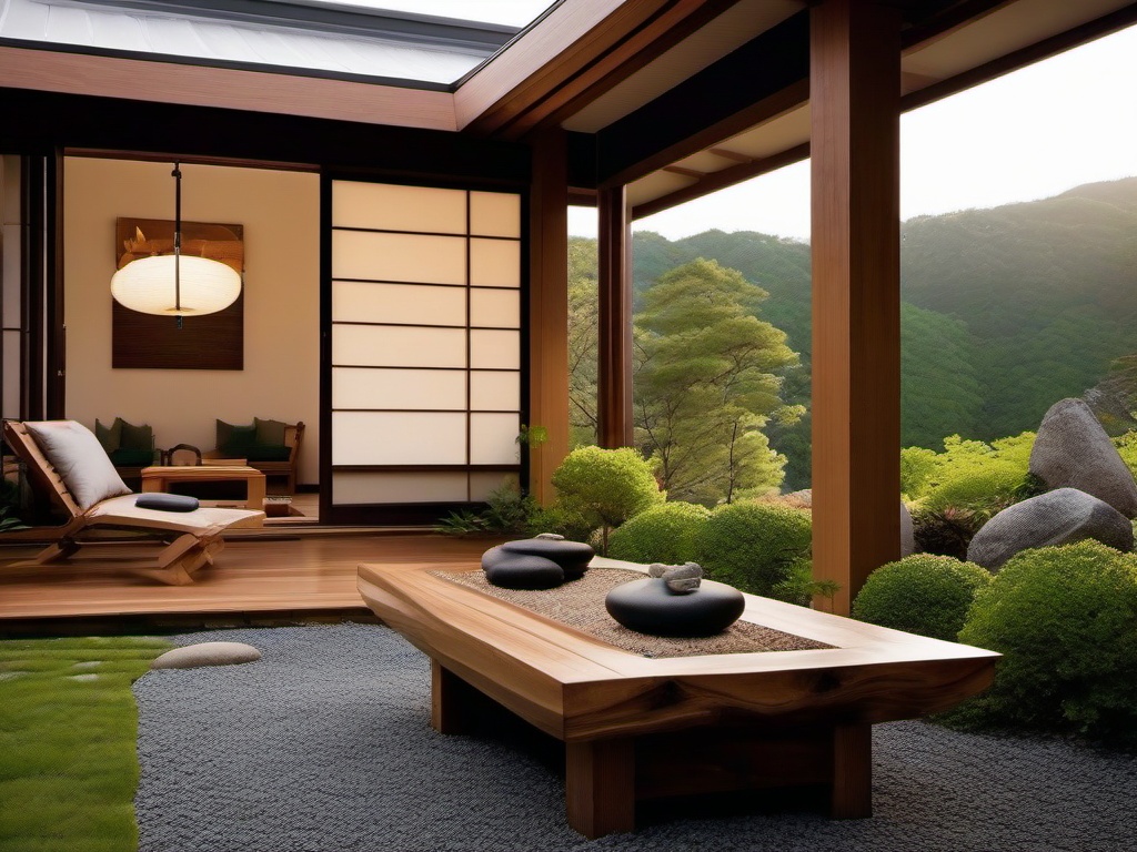 The outdoor patio embraces Japanese Zen interior design with a rock garden, natural wood furniture, and a tranquil ambiance that encourages relaxation and reflection.  