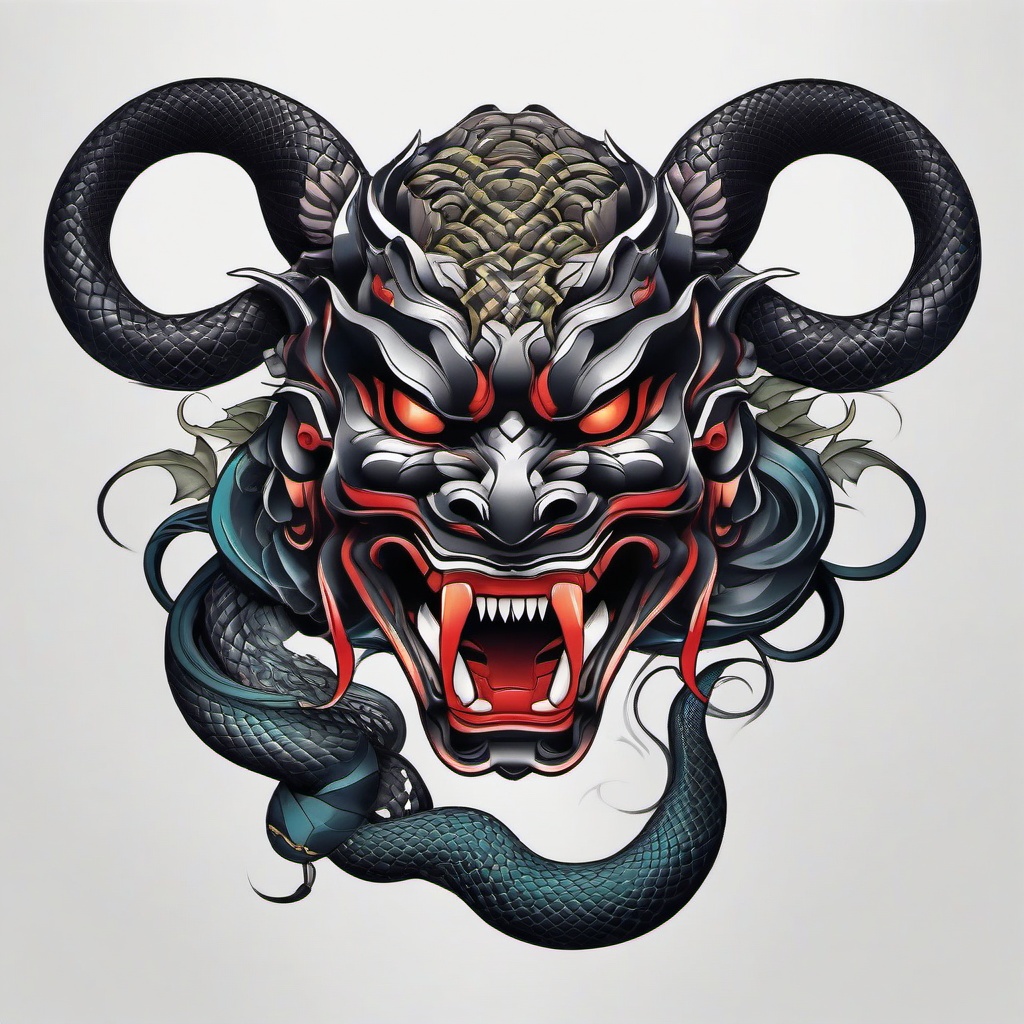 oni mask and snake tattoo  simple color tattoo,white background,minimal