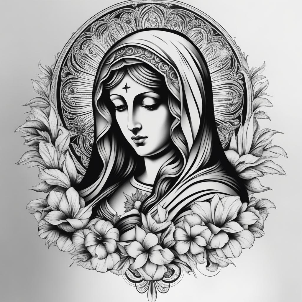 virgin mary tattoo black and white design 