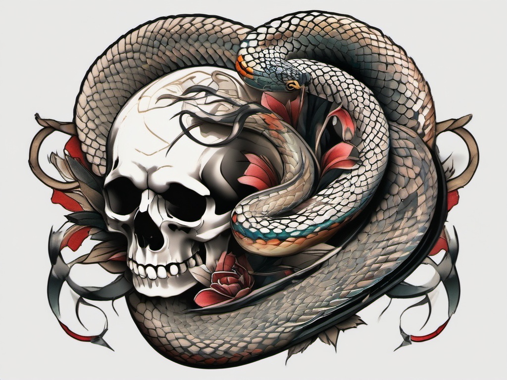 japanese snake and skull tattoo  simple color tattoo,white background,minimal