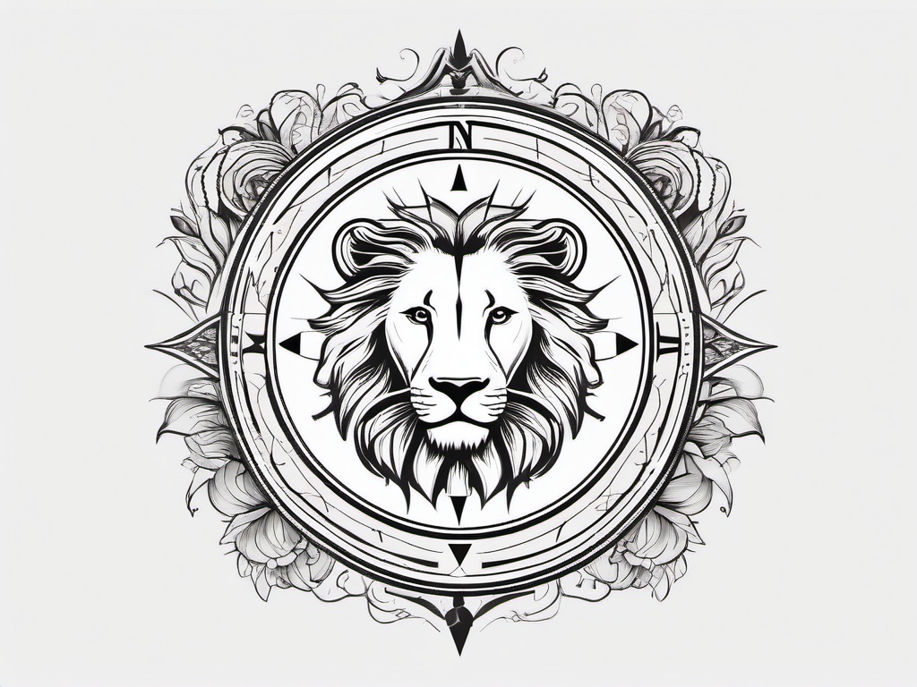 Lion Compass Rose Tattoo - Compass design with lion and rose motifs.  simple vector tattoo,minimalist,white background